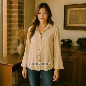Velvet Heart Tencel Shirt Bell Sleeve Tan Pattern Button Down Soft Blouse Sze XS